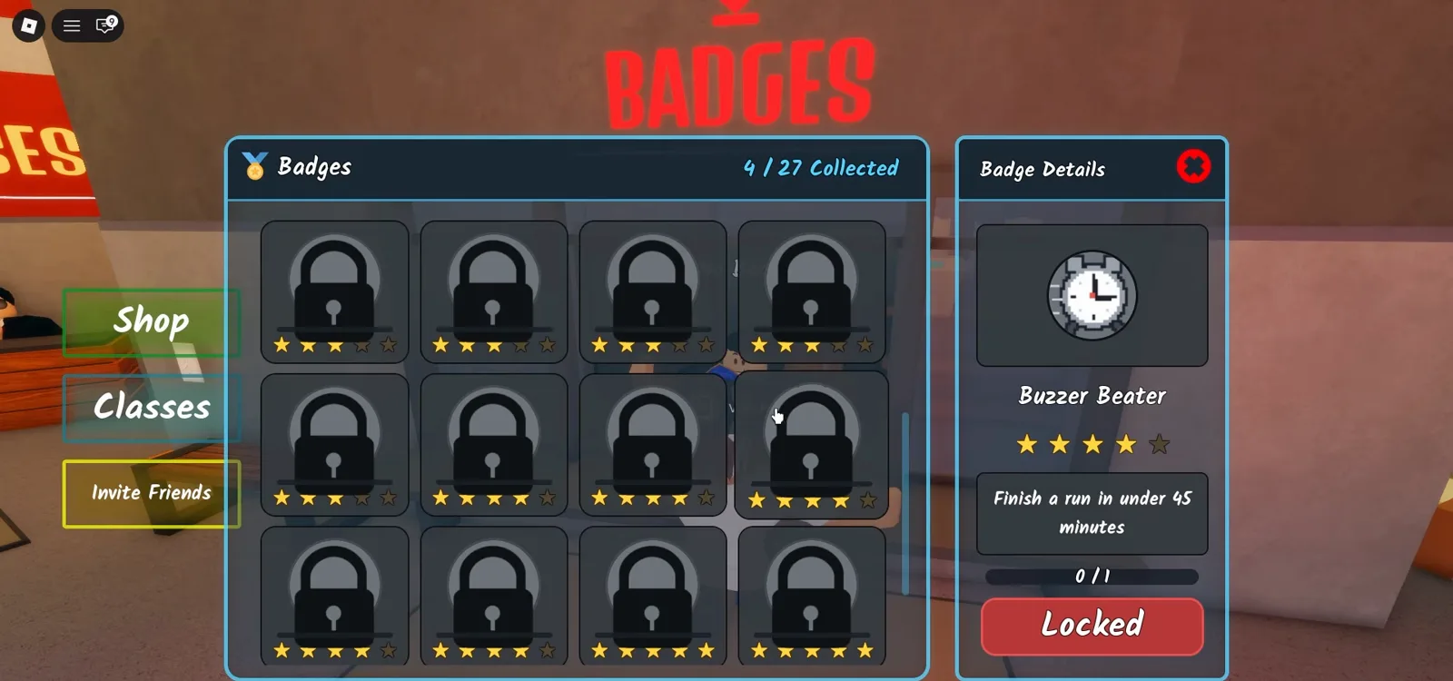 Buzzer Beater badge in the Shred the Secrets badge menu with its Finish a run in under 45 minutes condition Buzzer Beater badge in the Shred the Secrets badge menu with its Finish a run in under 45 minutes condition