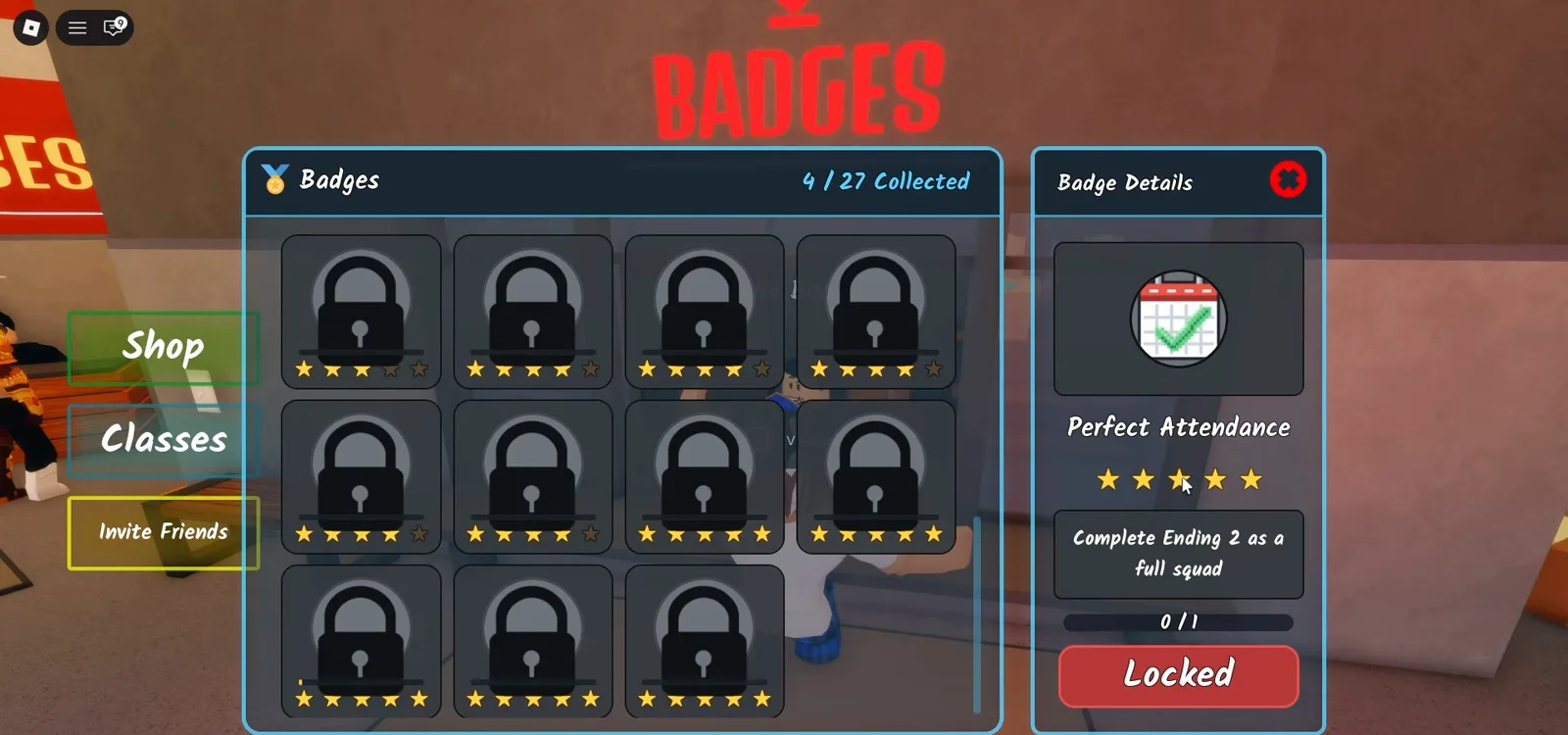 Perfect Attendance badge card in Shred the Secrets with the requirement Complete Ending 2 as a full squad Perfect Attendance badge card in Shred the Secrets with the requirement Complete Ending 2 as a full squad
