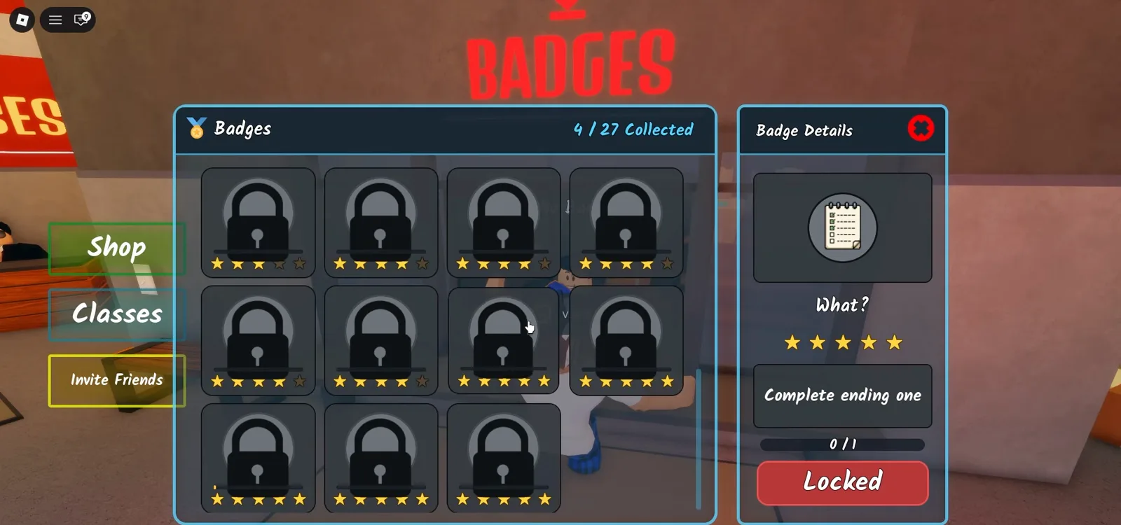 The What badge in Shred the Secrets asking players to complete ending one, shown as a five star locked card The What badge in Shred the Secrets asking players to complete ending one, shown as a five star locked card