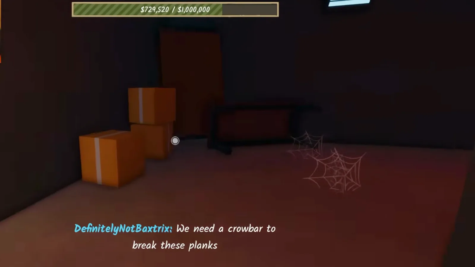 Shred the Secrets player chat reading We need a crowbar to break these planks at the boarded basement doorway tied to the Intruder badge Shred the Secrets player chat reading We need a crowbar to break these planks at the boarded basement doorway tied to the Intruder badge