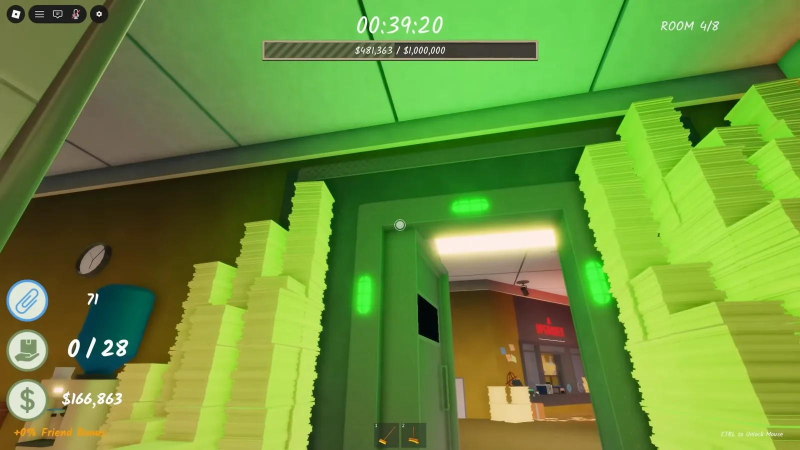 The hidden green-lit fake exit door in Shred the Secrets Room 4 that awards the Tricked badge when opened The hidden green-lit fake exit door in Shred the Secrets Room 4 that awards the Tricked badge when opened