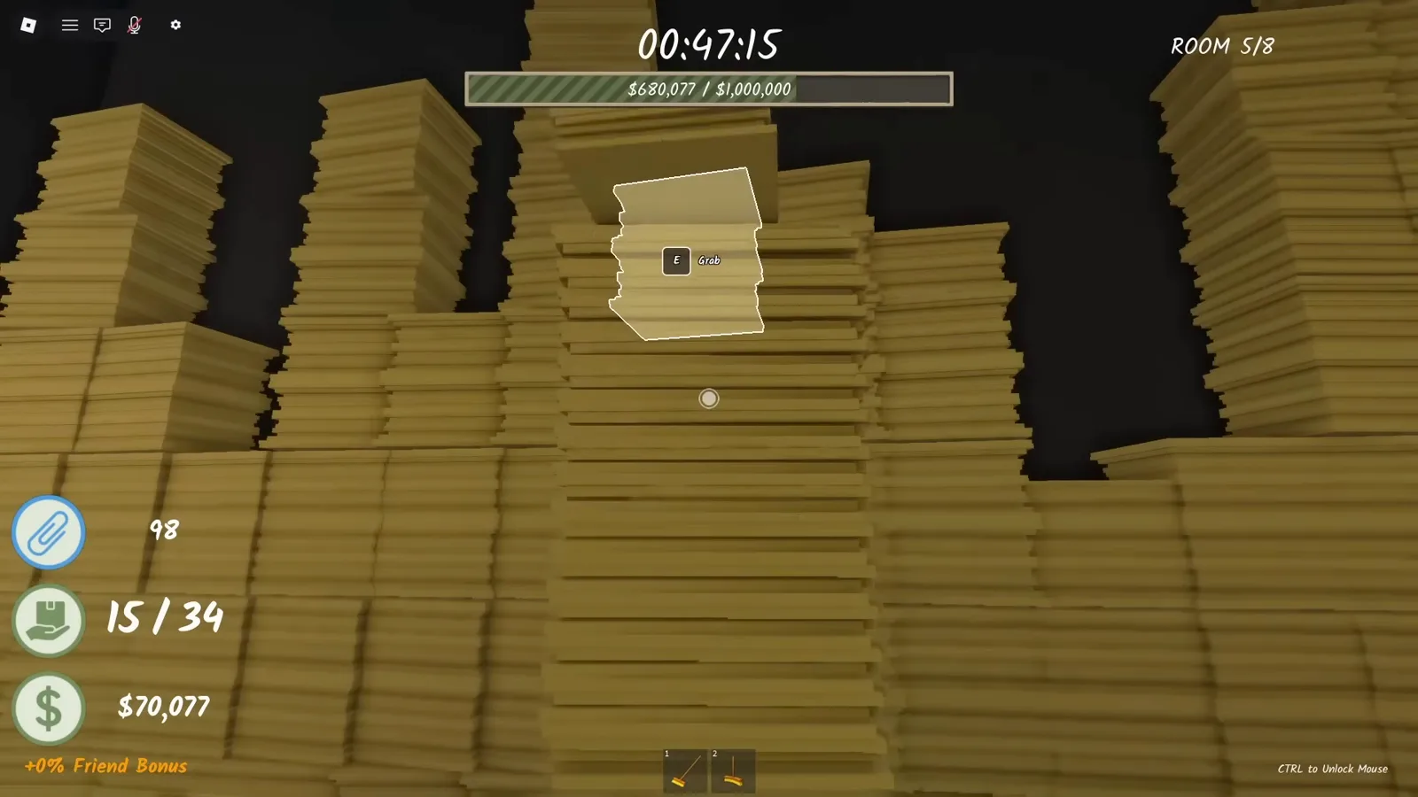 Weaving between floor-to-ceiling paper stack columns in Shred the Secrets Room 5 to spot the interact prompt of a hidden button Weaving between floor-to-ceiling paper stack columns in Shred the Secrets Room 5 to spot the interact prompt of a hidden button
