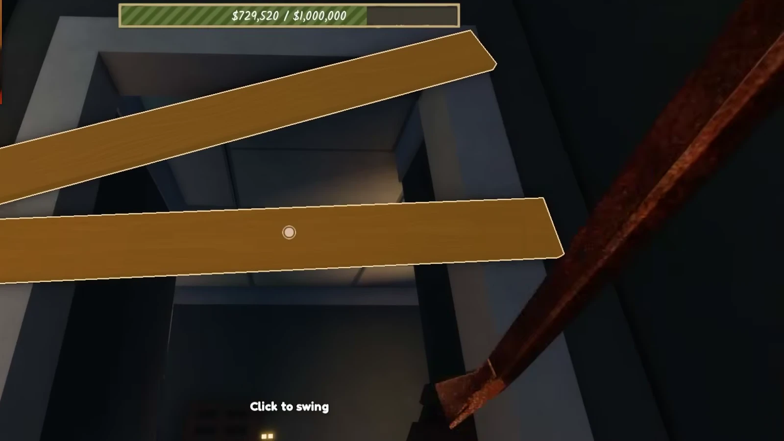 Swinging the crowbar at the wooden planks boarding up the basement doorway in Shred the Secrets with the Click to swing prompt Swinging the crowbar at the wooden planks boarding up the basement doorway in Shred the Secrets with the Click to swing prompt