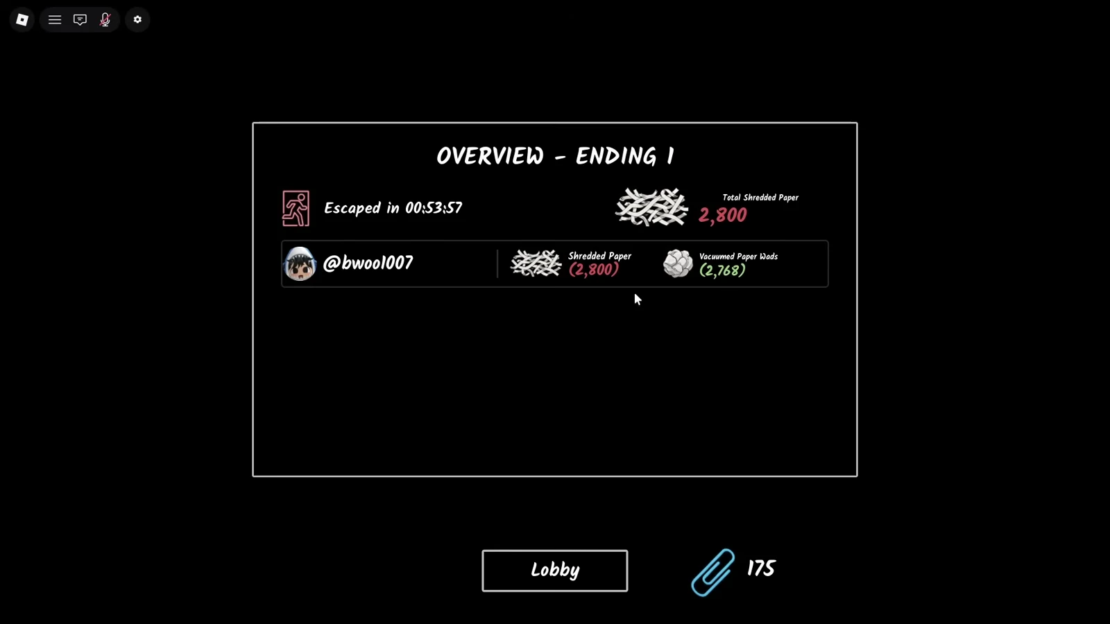The OVERVIEW - ENDING 1 results screen in Shred the Secrets showing an escape time of 53 minutes and 175 paper clips earned The OVERVIEW - ENDING 1 results screen in Shred the Secrets showing an escape time of 53 minutes and 175 paper clips earned