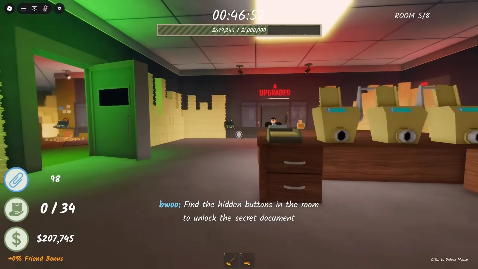 Shred the Secrets chat hint reading Find the hidden buttons in the room to unlock the secret document inside the Room 5 upgrades area Shred the Secrets chat hint reading Find the hidden buttons in the room to unlock the secret document inside the Room 5 upgrades area