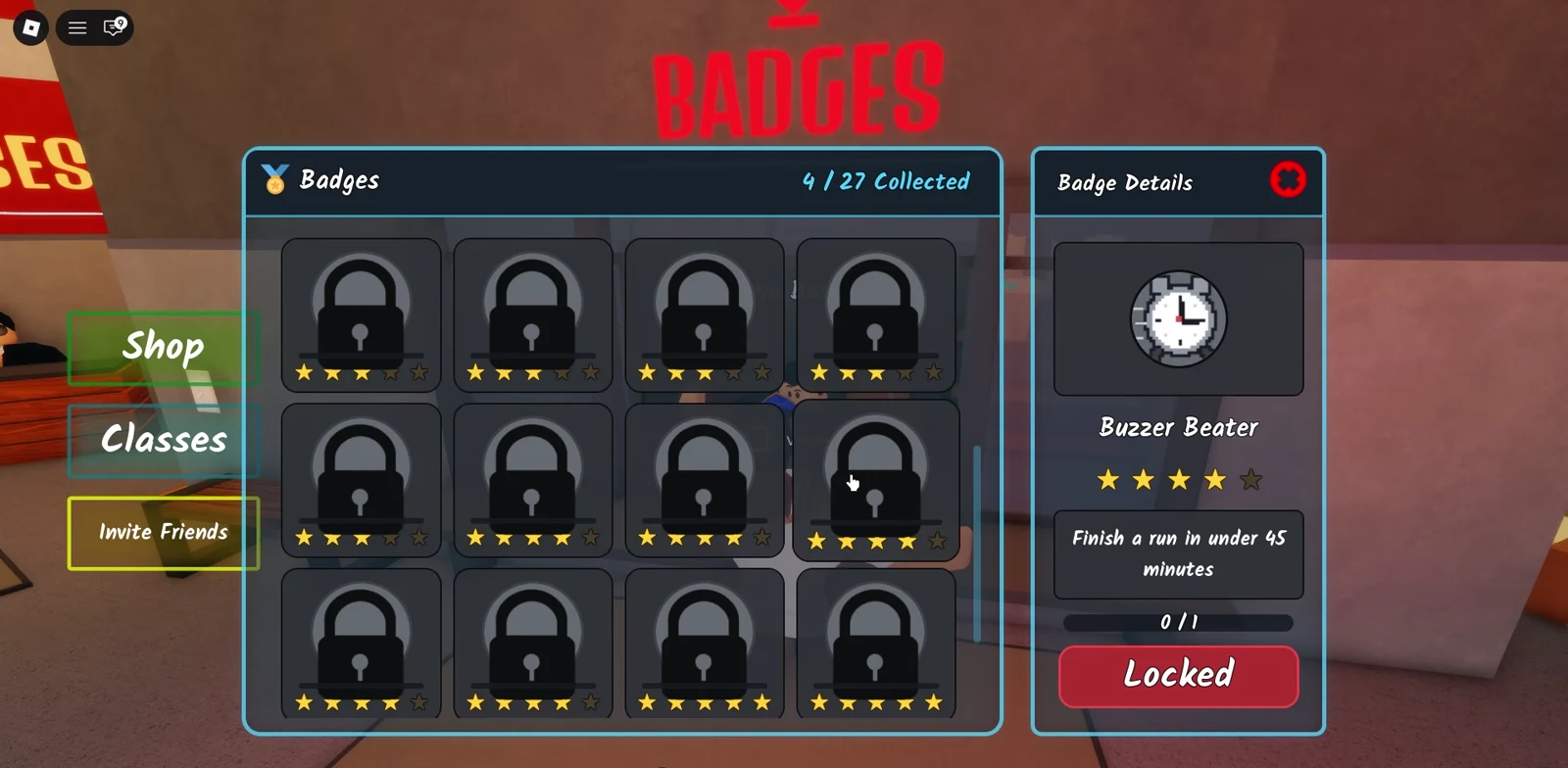 Shred the Secrets badges menu with the Buzzer Beater badge details panel showing Finish a run in under 45 minutes and Locked status
