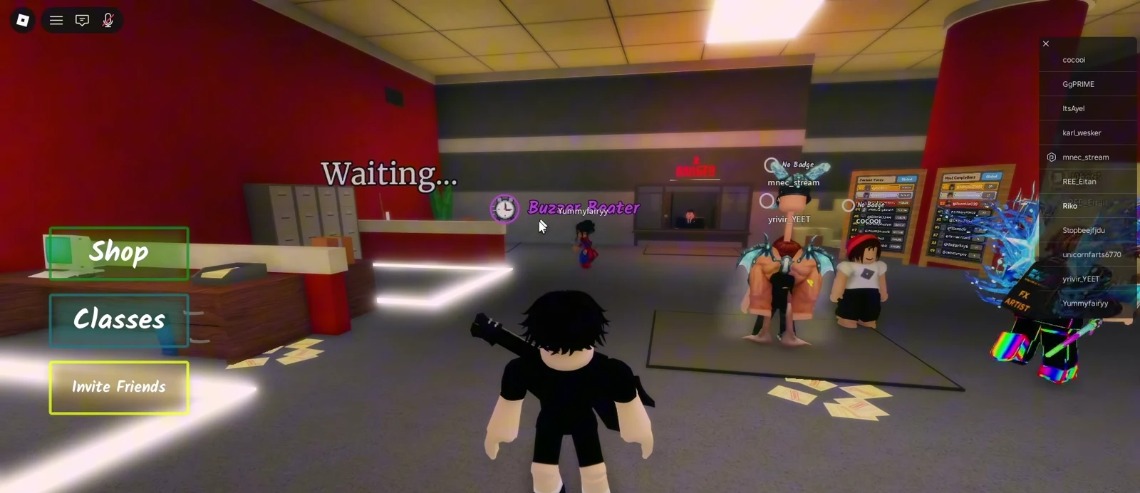 Shred the Secrets pre-run lobby with a squad of players waiting and the Buzzer Beater badge label visible