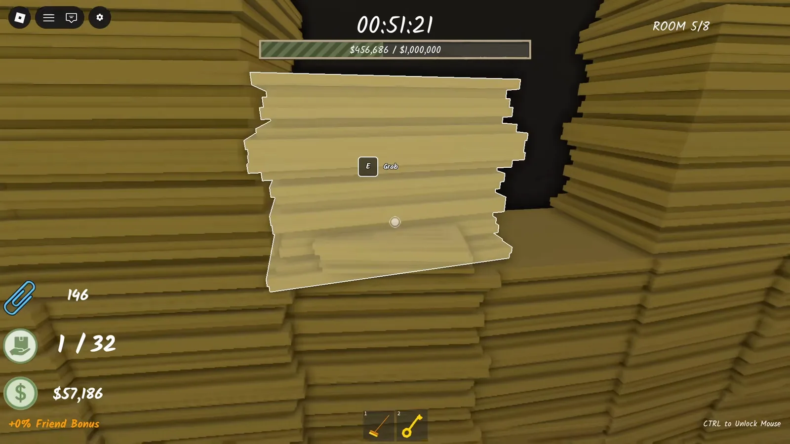 Shred the Secrets gameplay with the cash counter at $57,186 and the room goal bar at $456,686 of $1,000,000 while grabbing a paper stack in room 5