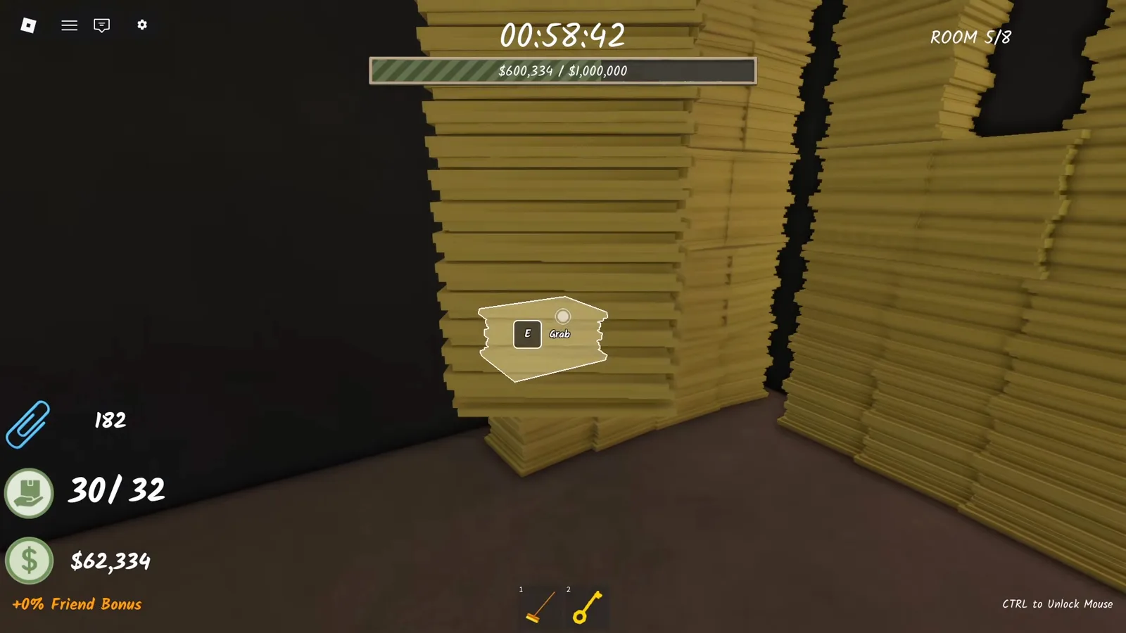 player facing a wall of stacked paper in Shred the Secrets with $62,334 cash and the room goal bar past $600,334 of $1,000,000