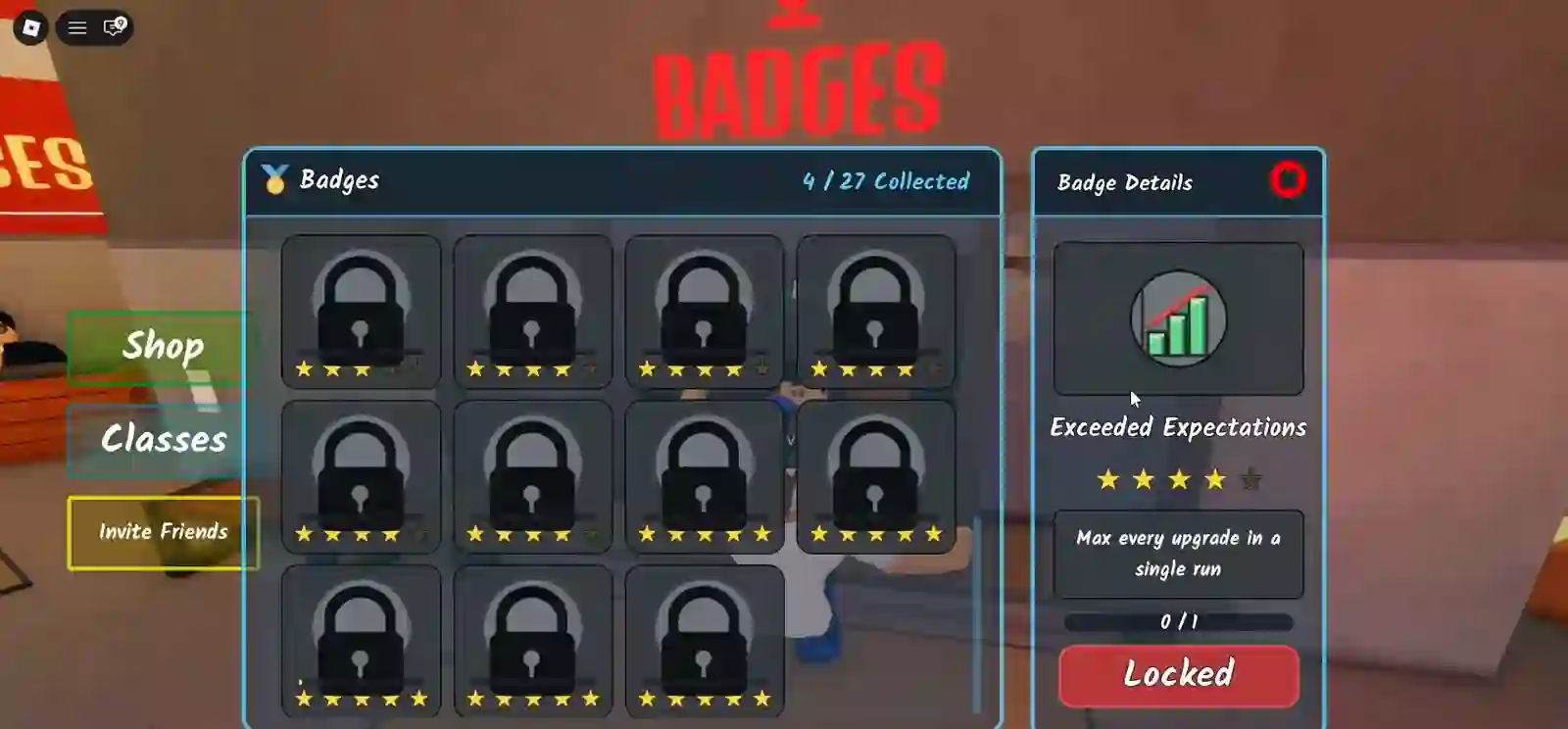 Shred the Secrets badges menu with the Exceeded Expectations badge details panel locked showing the condition Max every upgrade in a single run