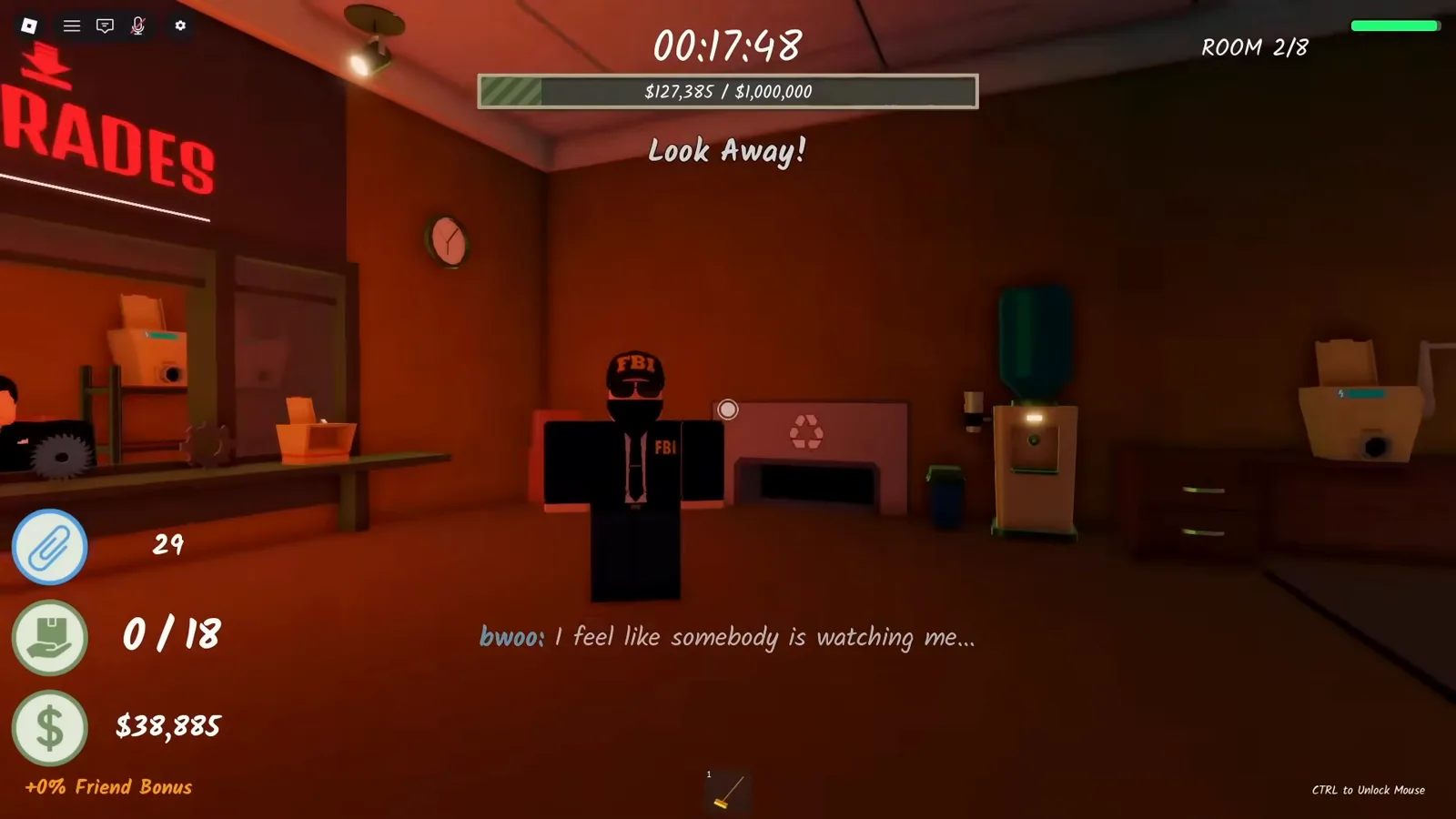 Shred the Secrets Look Away warning flashing red as the FBI agent spawns in Room 2 during a run