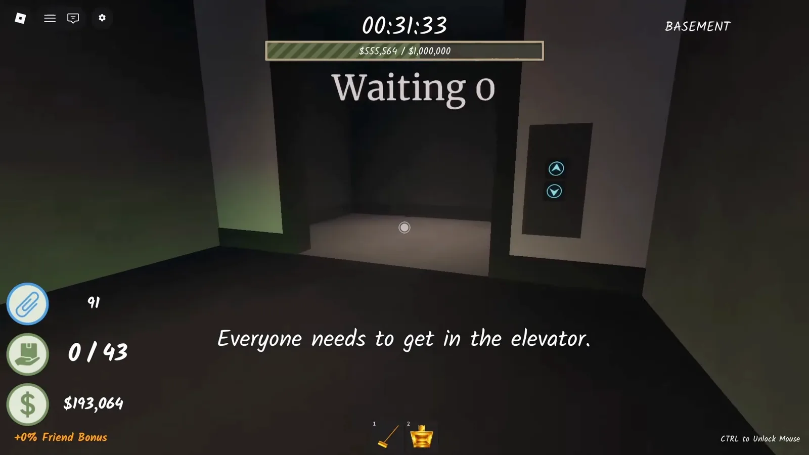 Shred the Secrets basement elevator showing the Everyone needs to get in the elevator prompt required for the Perfect Attendance badge