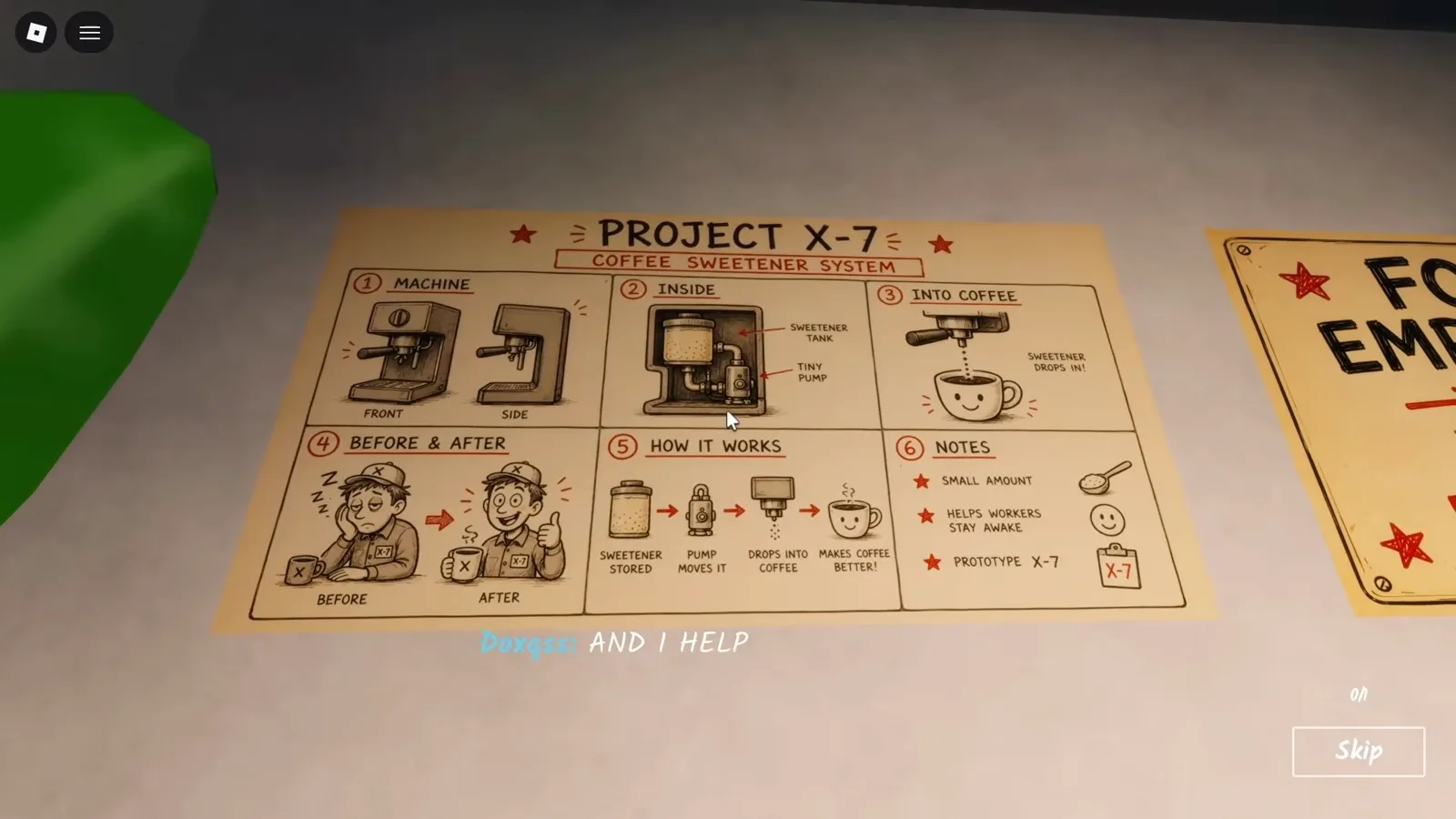 Ending 2 cutscene in Shred the Secrets revealing the Project X-7 coffee sweetener system poster