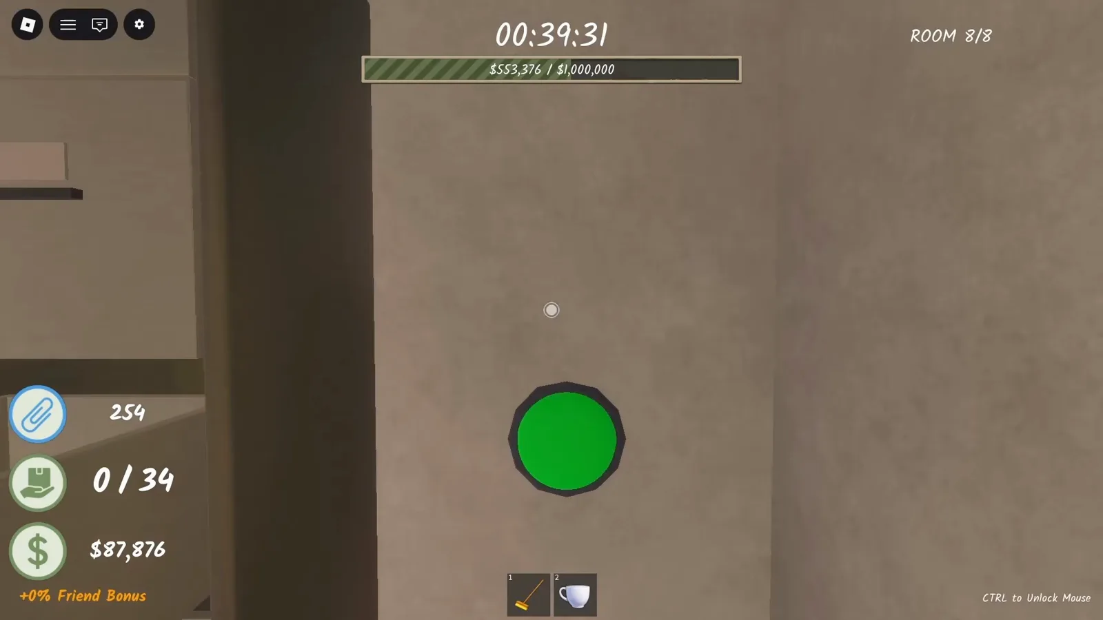 Where to find the green office button that opens the Ending 2 gate in Shred the Secrets room 8
