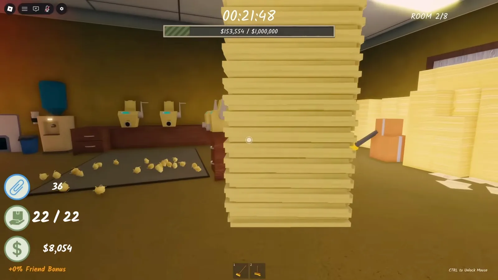 Shred the Secrets document counter maxed out at 22 of 22 in Room 2 next to a towering stack of paper