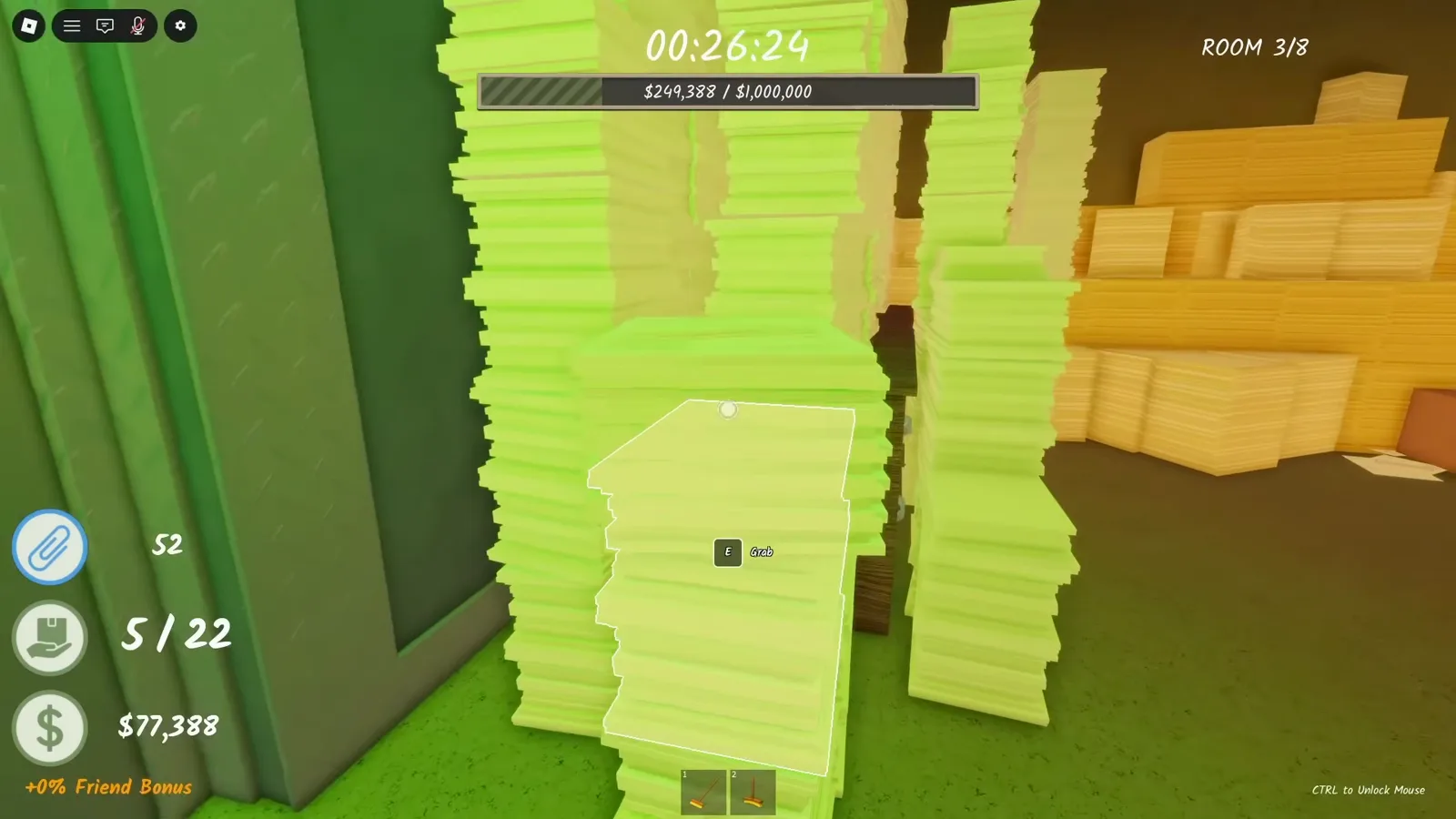 Shred the Secrets exit glow turning green while paper stacks remain unshredded and the room counter sits at 5 of 22