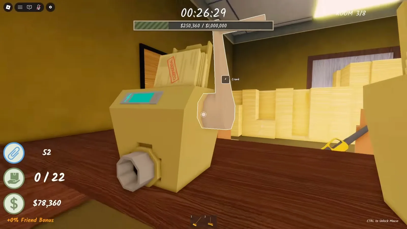 Shred the Secrets Room 3 shredder showing the crank prompt with the document counter reset to 0 of 22