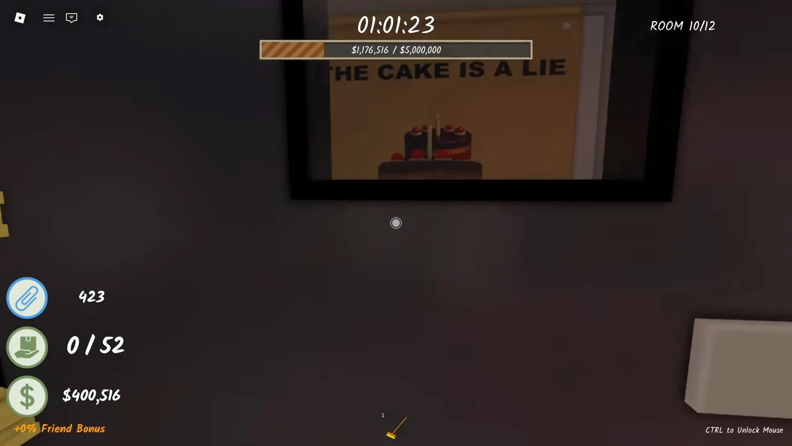 Framed THE CAKE IS A LIE poster on a dark wall in Shred the Secrets Room 10 that awards the secret badge when you interact with it