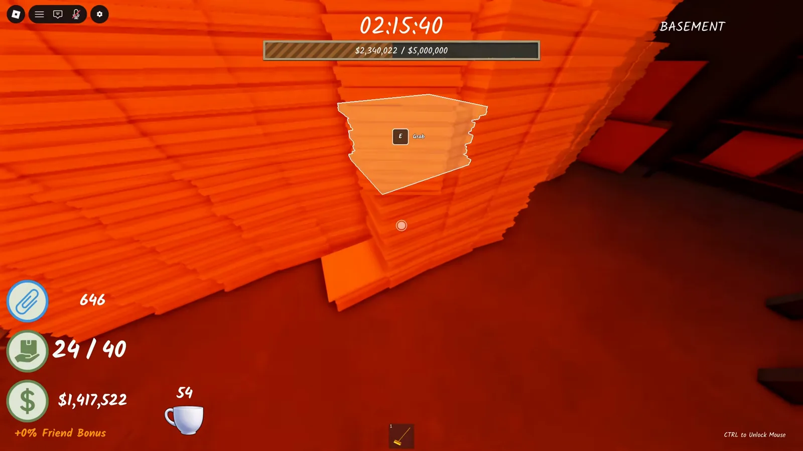 Shred the Secrets Caffeinated buff tinting the whole basement screen orange while carrying a paper tower with the cup countdown at 54