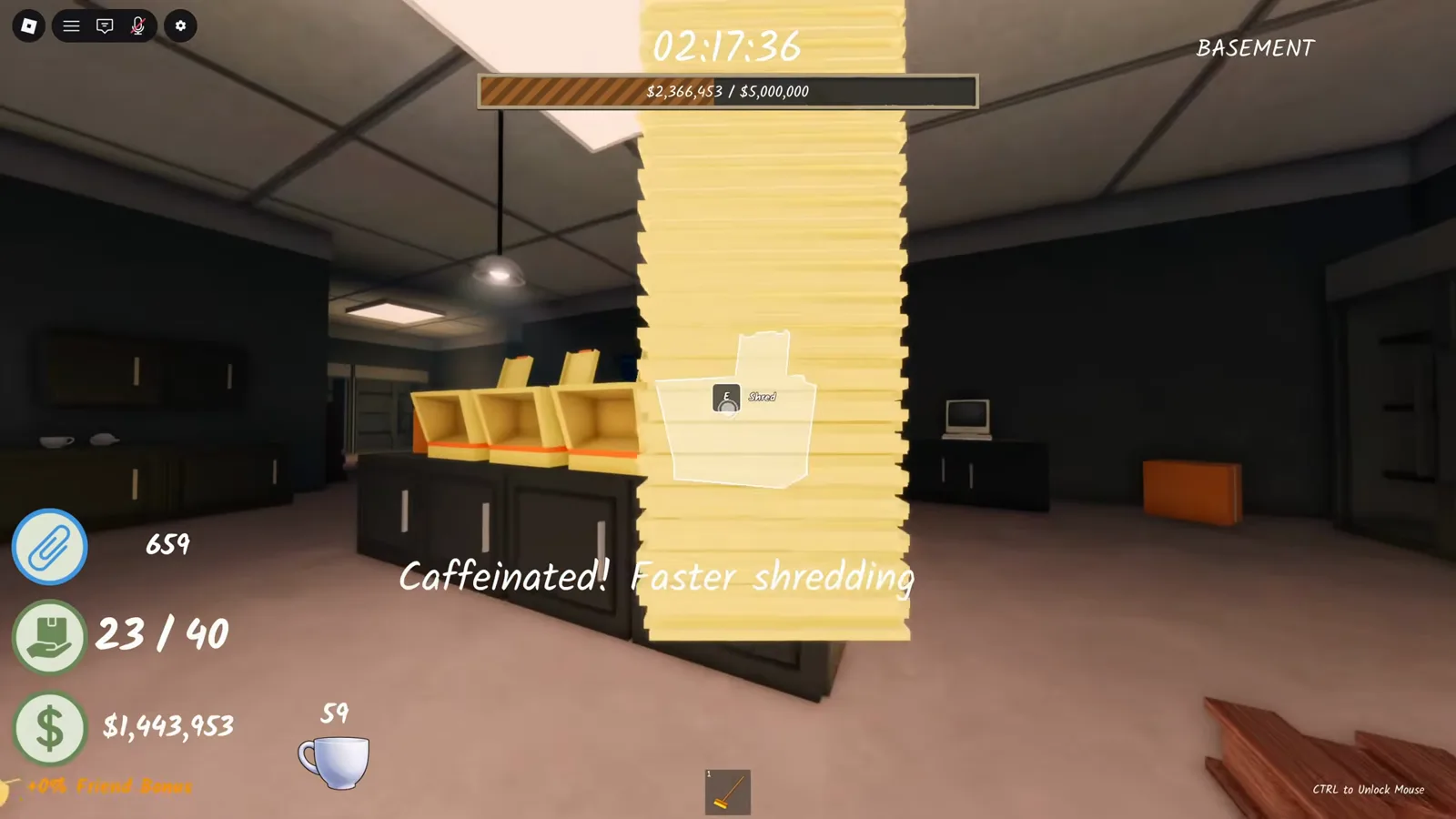 Shred the Secrets Caffeinated! Faster shredding toast over the basement shredder bank with the coffee cup countdown showing 59