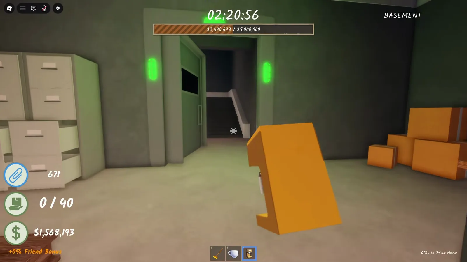 Shred the Secrets basement elevator doors open with green side lights while carrying the espresso machine under the BASEMENT label