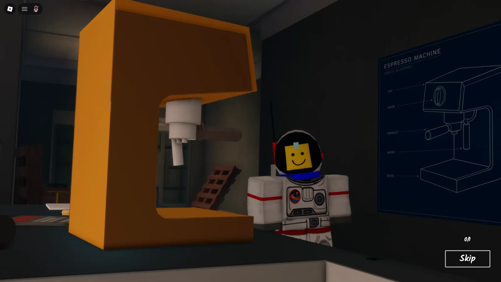 Shred the Secrets espresso machine intro cutscene with the orange coffee machine beside the framed Espresso Machine blueprint poster and a Skip button
