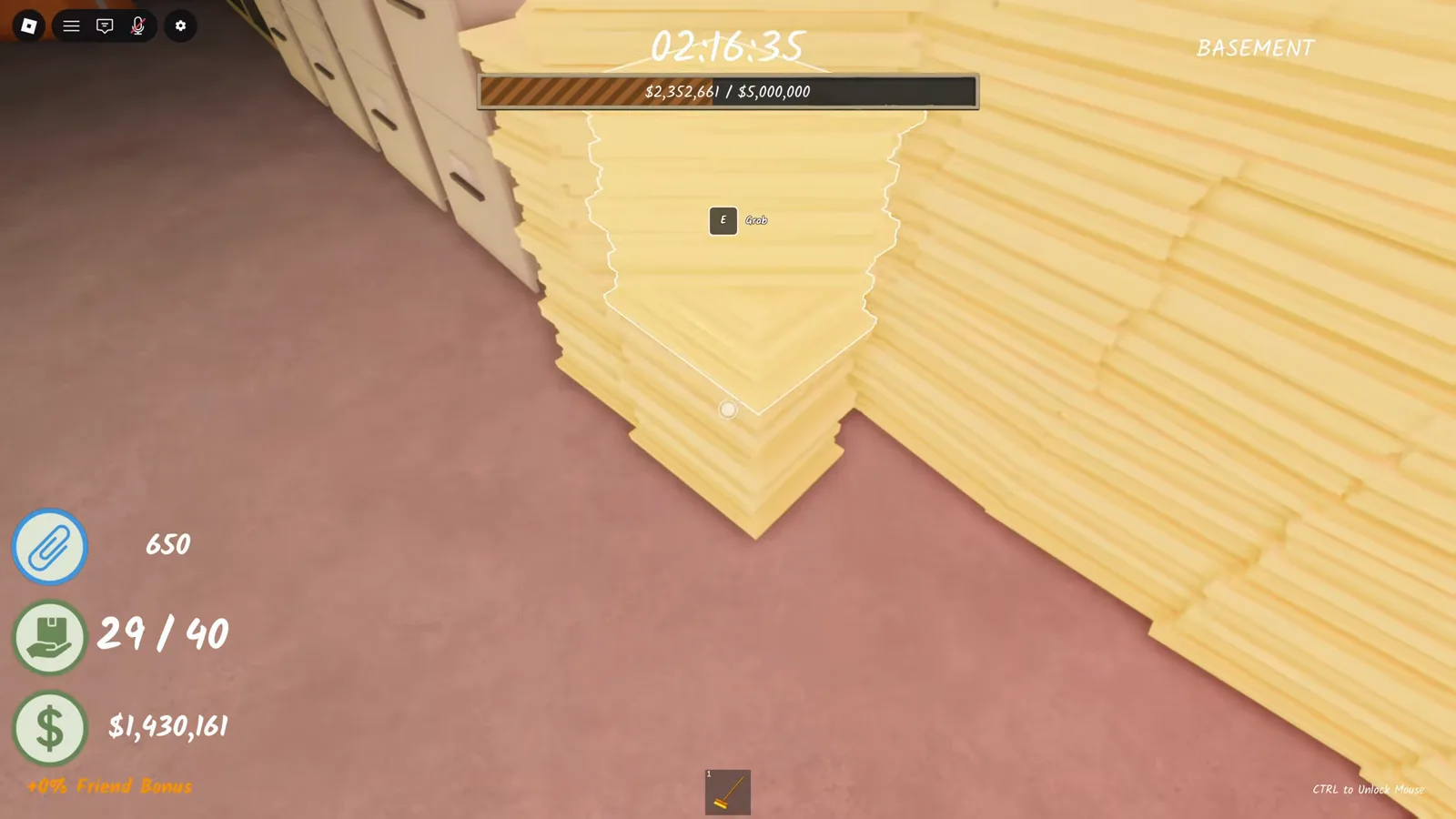 Shred the Secrets basement paper tower being carried to the shredders with the Grab prompt on the stack