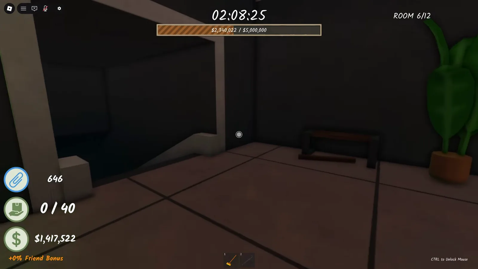 Shred the Secrets Room 6 back corner where the dark basement stairwell opening waits beside a bench while the ROOM 6/12 counter still shows