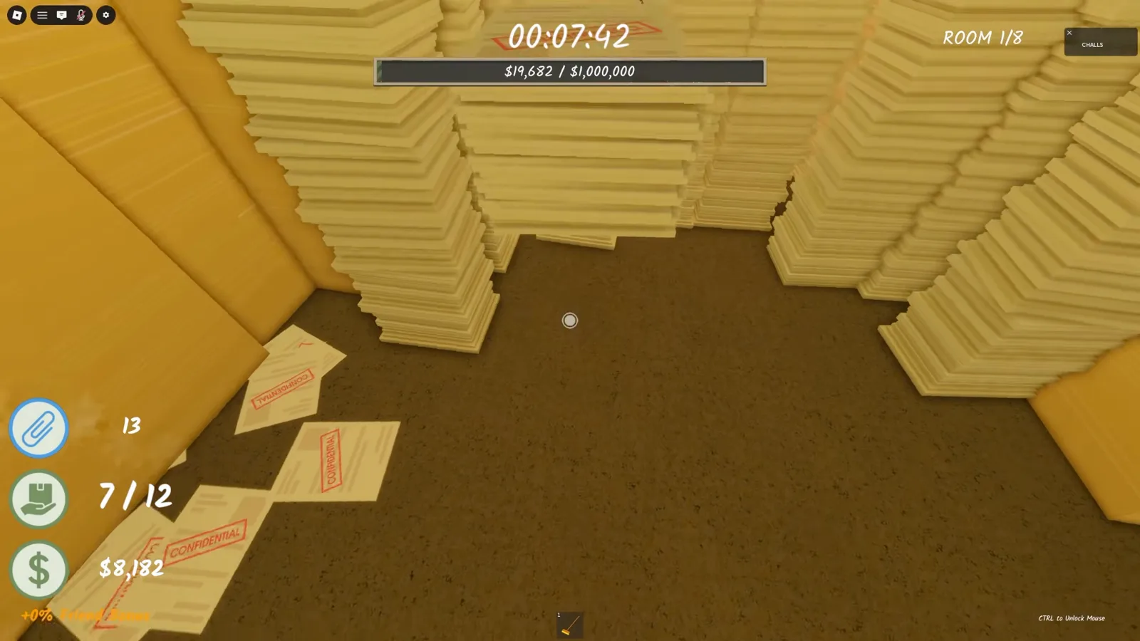 Carrying 7 of 12 documents in Shred the Secrets with confidential papers scattered between floor-to-ceiling paper stacks