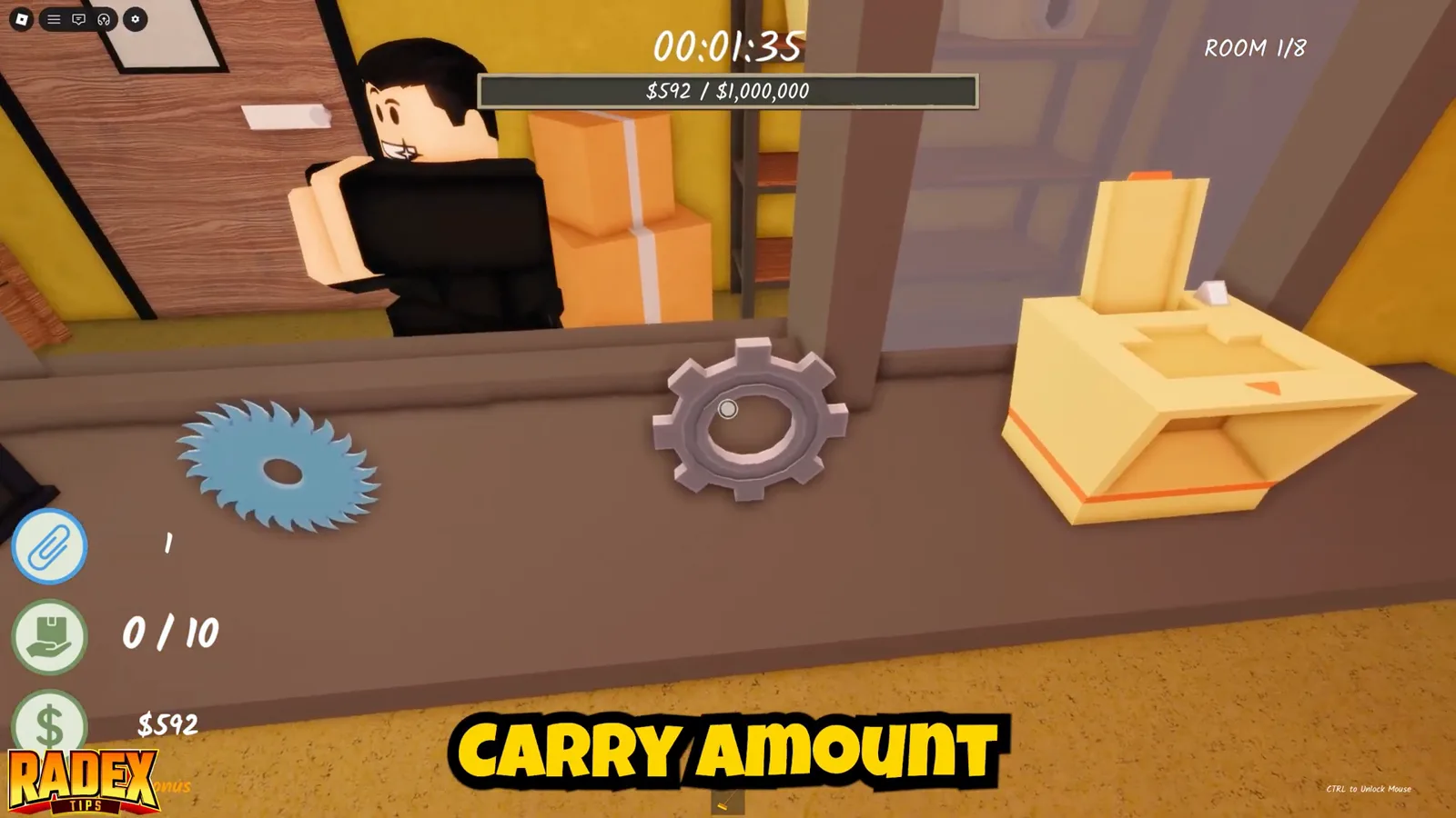 A Shred the Secrets collector player sweeping paper scraps near the blue recycling station while teammates operate shredders in the background