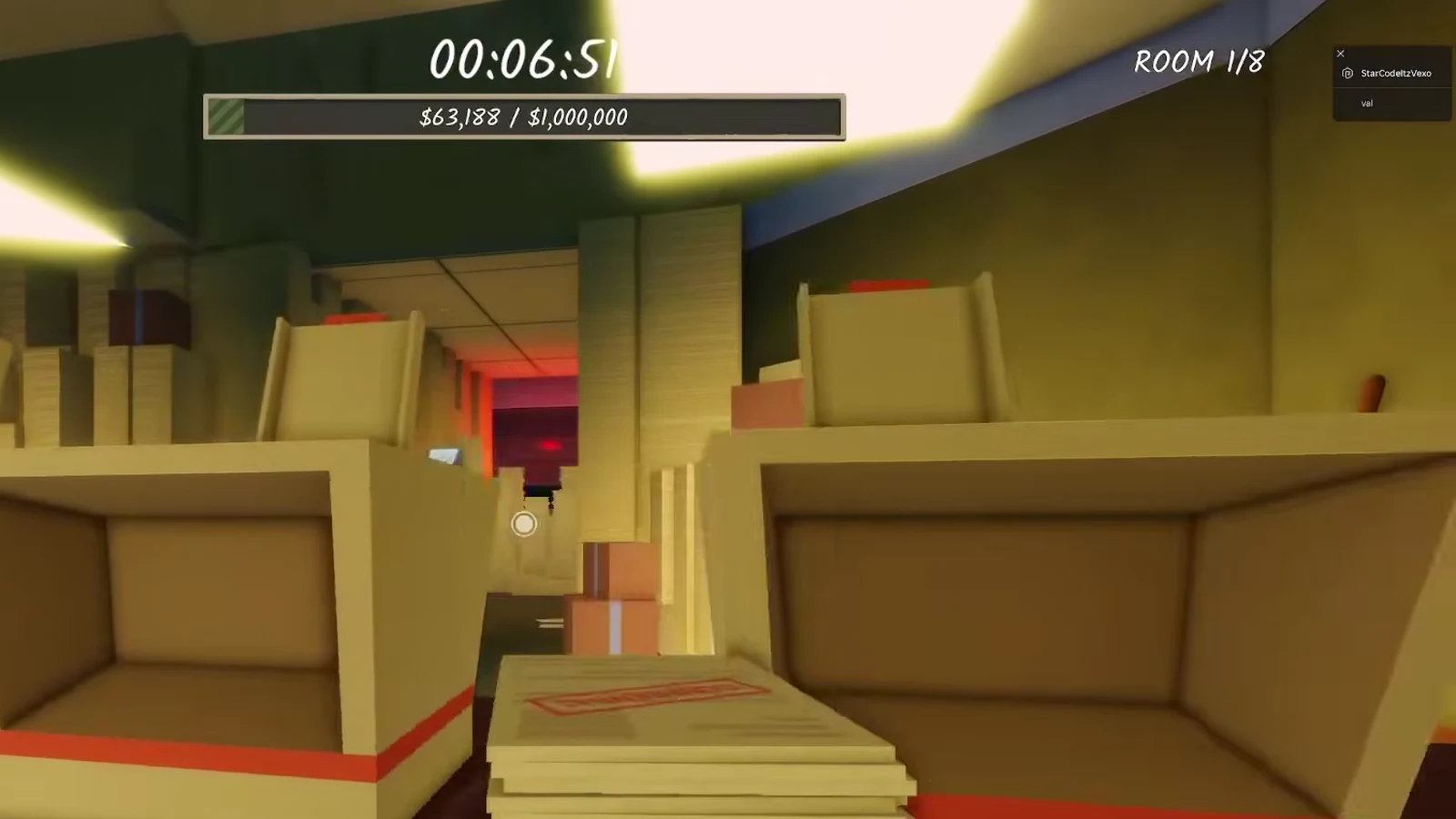 The Shred the Secrets HUD showing Room progress through eight rooms with the million-dollar cash goal bar at the top of the screen