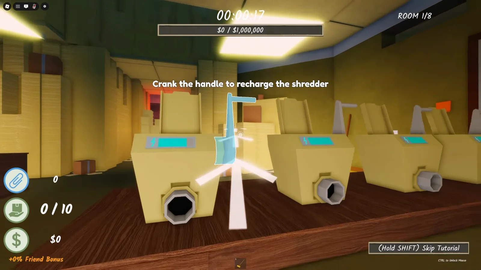 Crank the handle to recharge the shredder prompt in Shred the Secrets showing the power bar on each office shredder machine