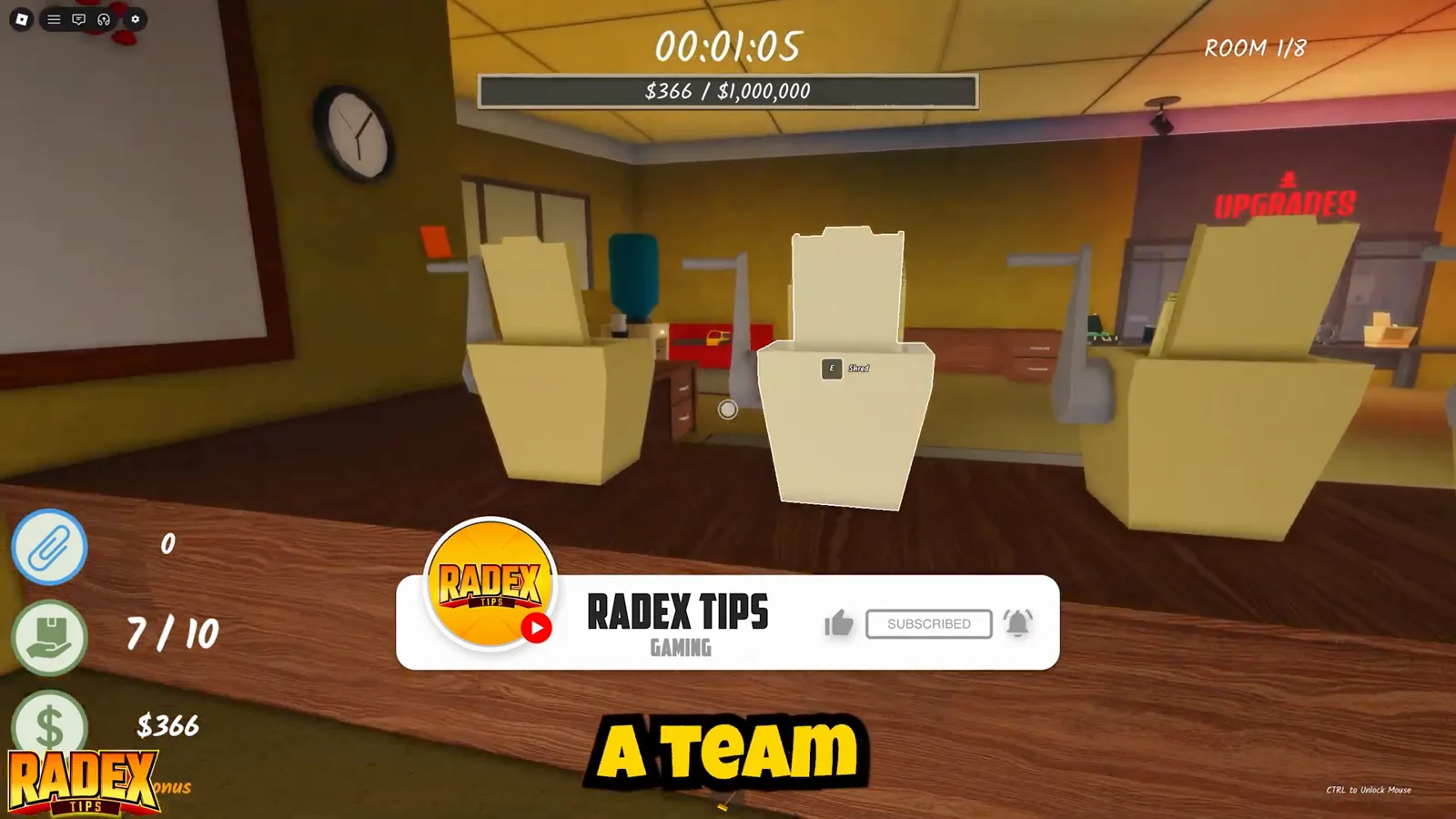 A row of beige shredder machines on a wooden counter in Shred the Secrets where two squad members operate the paper shredders side by side