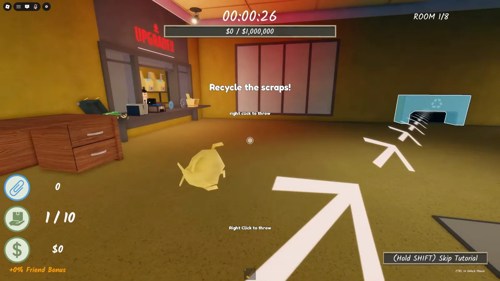 The red neon UPGRADES sign over the upgrade counter in Shred the Secrets Room 1 where beginners buy shredder upgrades