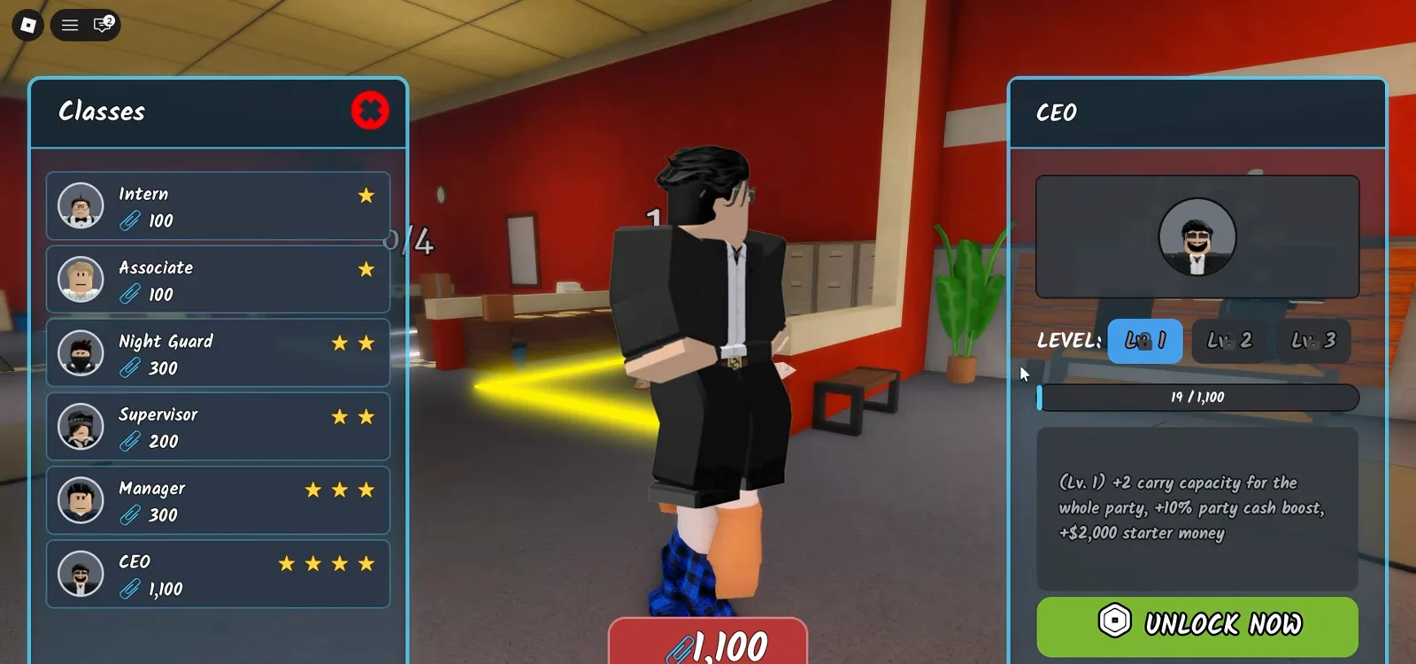 The 1,100 paperclip CEO class card in Shred the Secrets with party carry, party cash boost and 2,000 starter money at level one The 1,100 paperclip CEO class card in Shred the Secrets with party carry, party cash boost and 2,000 starter money at level one