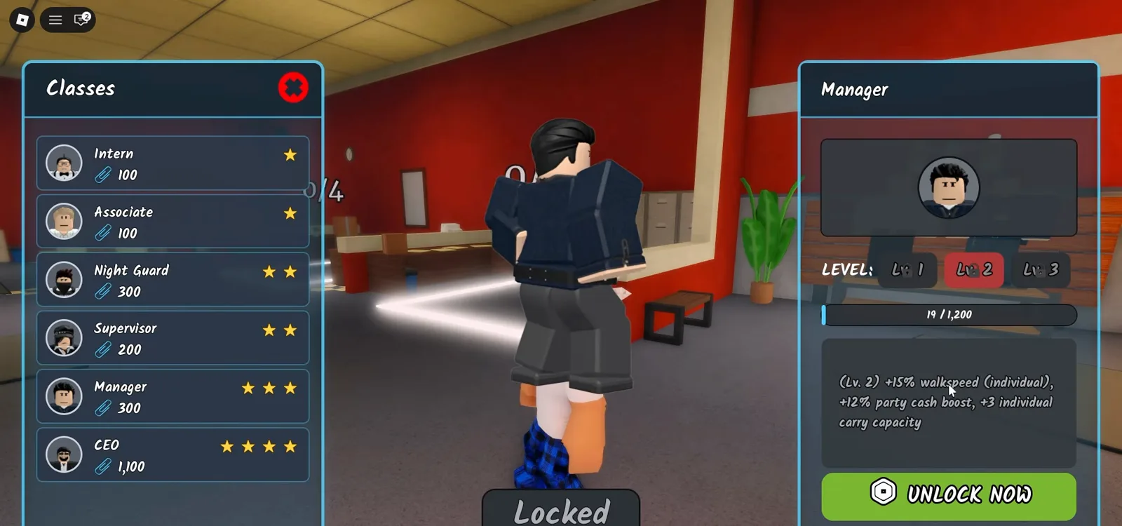 Shred the Secrets Manager class at level two granting fifteen percent walk speed and a twelve percent party cash boost Shred the Secrets Manager class at level two granting fifteen percent walk speed and a twelve percent party cash boost