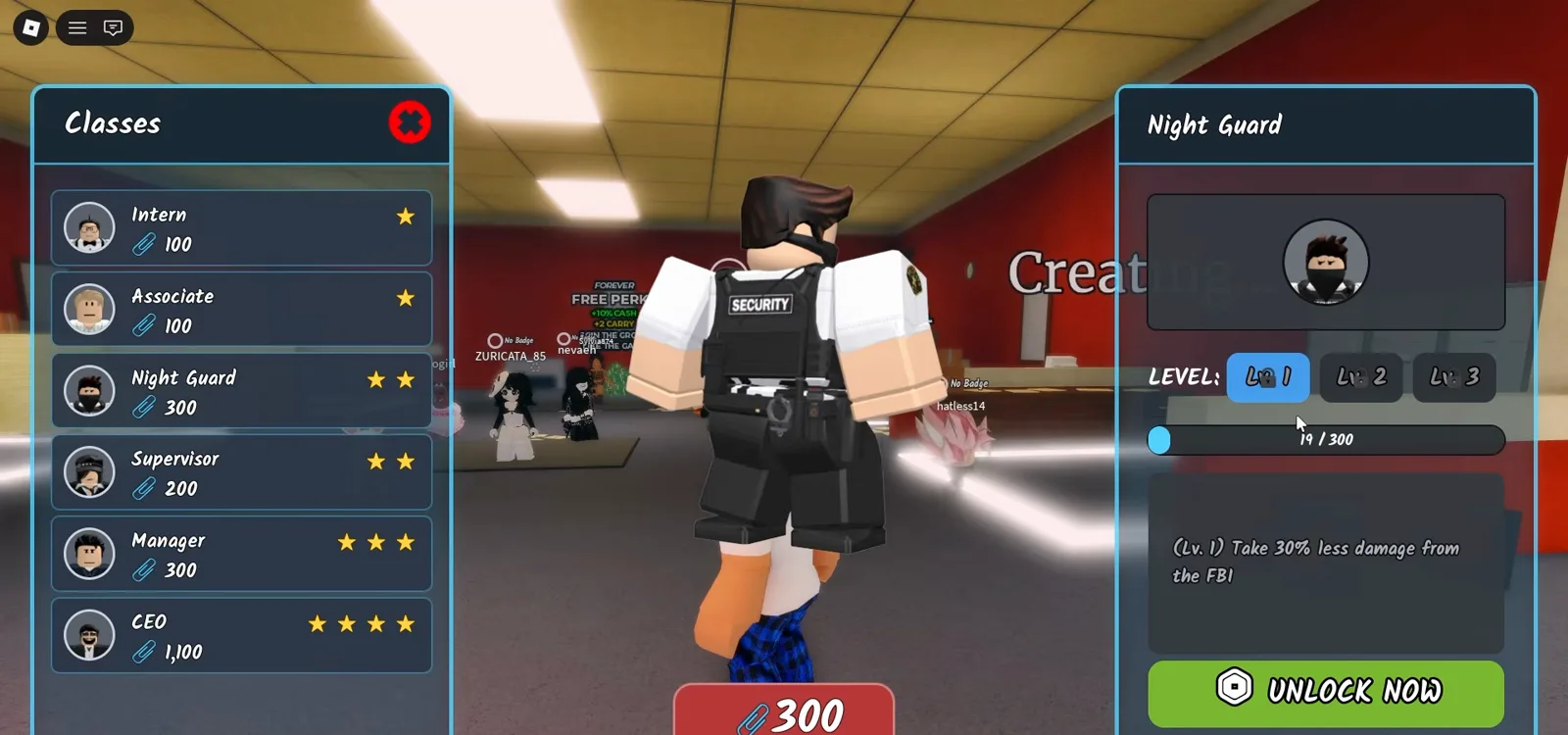 Shred the Secrets Night Guard class card with a level one perk that reduces damage taken from the FBI by thirty percent Shred the Secrets Night Guard class card with a level one perk that reduces damage taken from the FBI by thirty percent