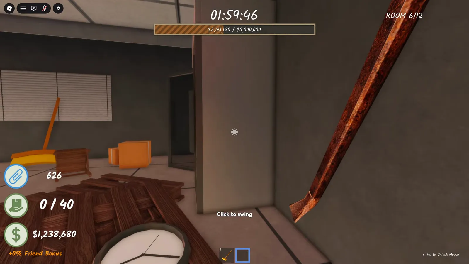 Click to swing prompt while holding the crowbar in Room 6 of Shred the Secrets, the left-click tool action every held item uses