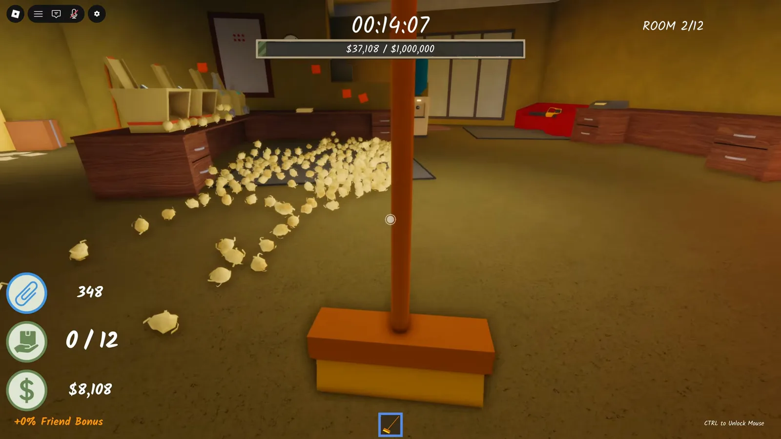 Shred the Secrets HUD in Room 2: paperclip count 348, hand carrying 0 of 12 sheets, $8,108 room cash and a +0% Friend Bonus next to the broom and paper balls