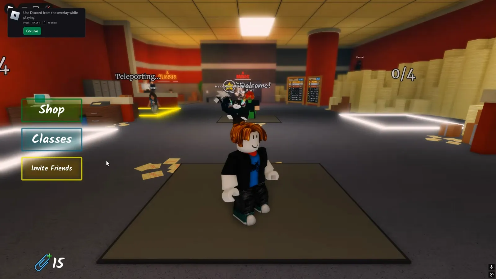 Shred the Secrets lobby main menu with Shop, Classes and Invite Friends buttons on the left and the leaderboards board in front of an avatar