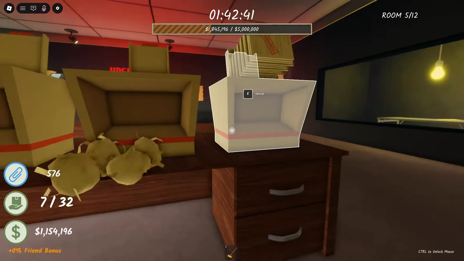 Room 5 of Shred the Secrets after reloading a saved solo run, with room money of $1,159,196 kept and a regular white shredder standing where the Golden Shredder was