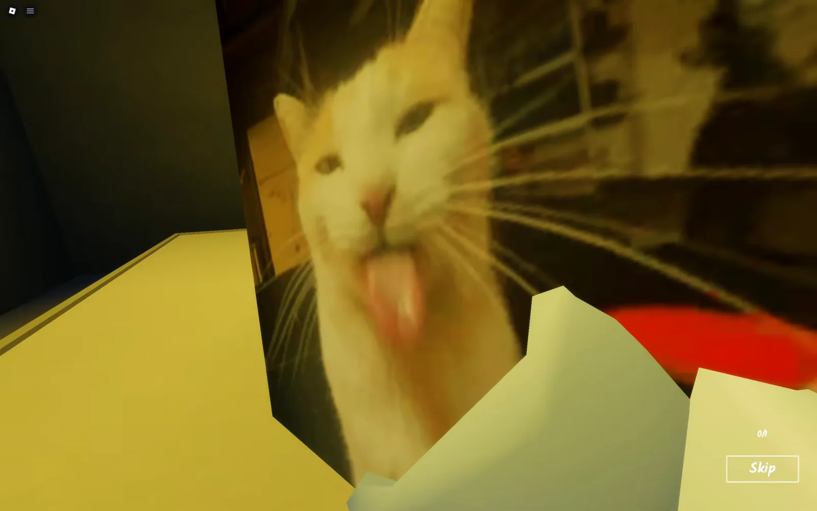 Cat with its tongue out staring into the camera in the Shred the Secrets Ending 1 cutscene