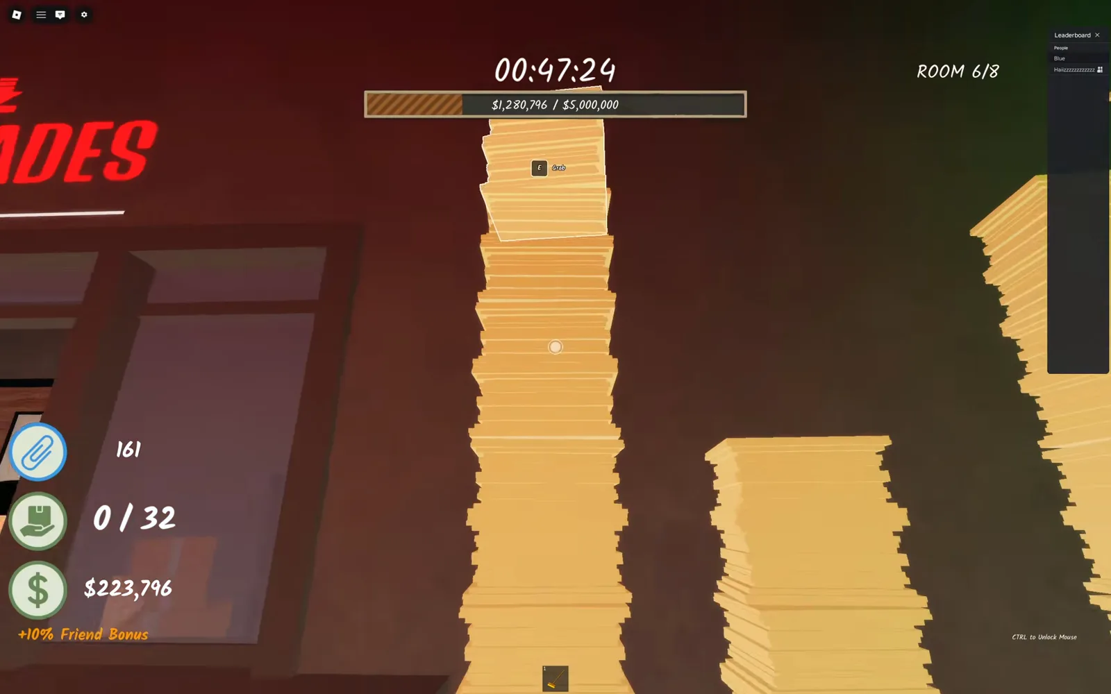Player clearing a tall paper stack beside the red UPGRADES sign inside the hidden-buttons room of Shred the Secrets