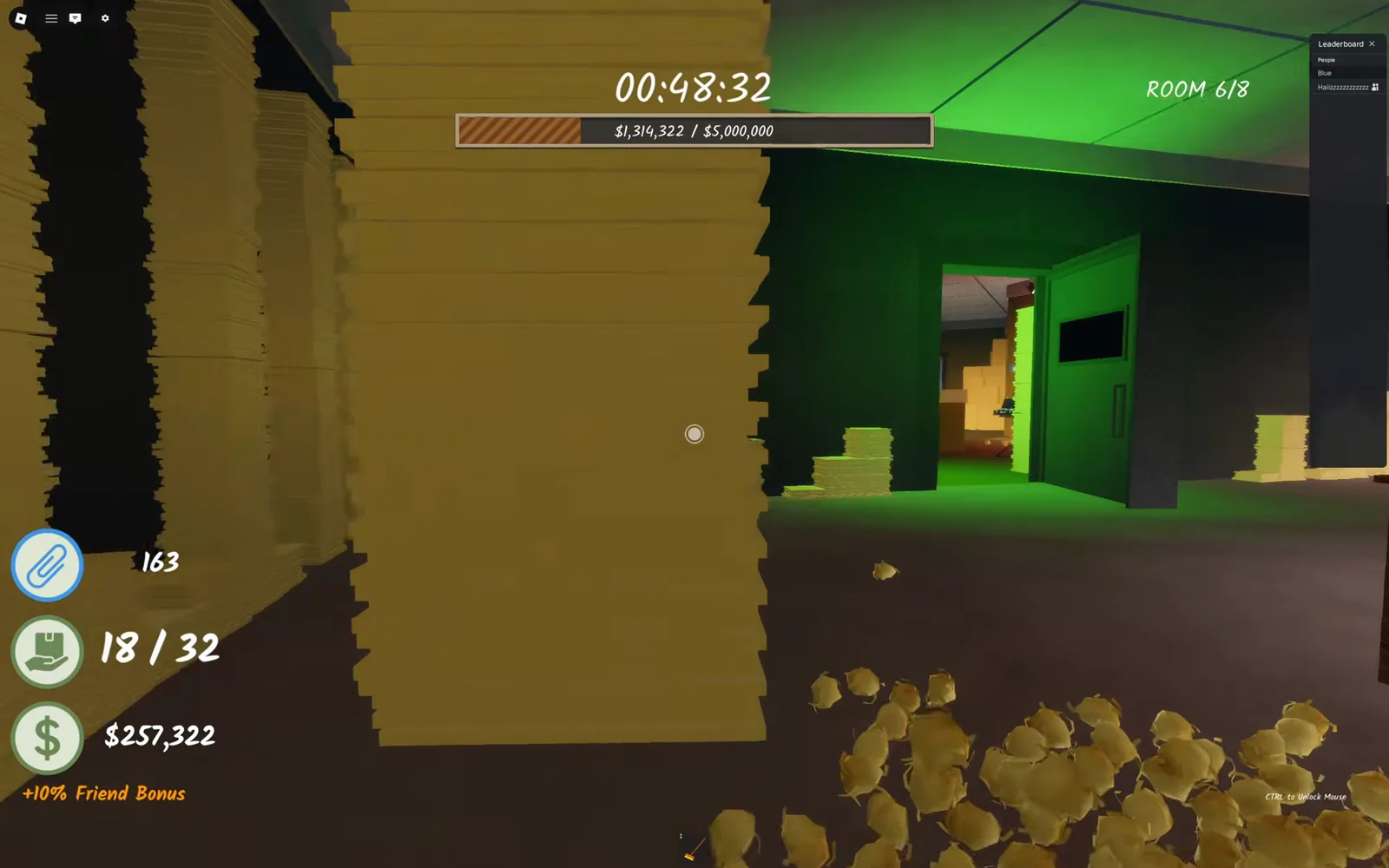 Open green side door revealed behind a pushed-aside paper column in Shred the Secrets after pressing the four hidden buttons