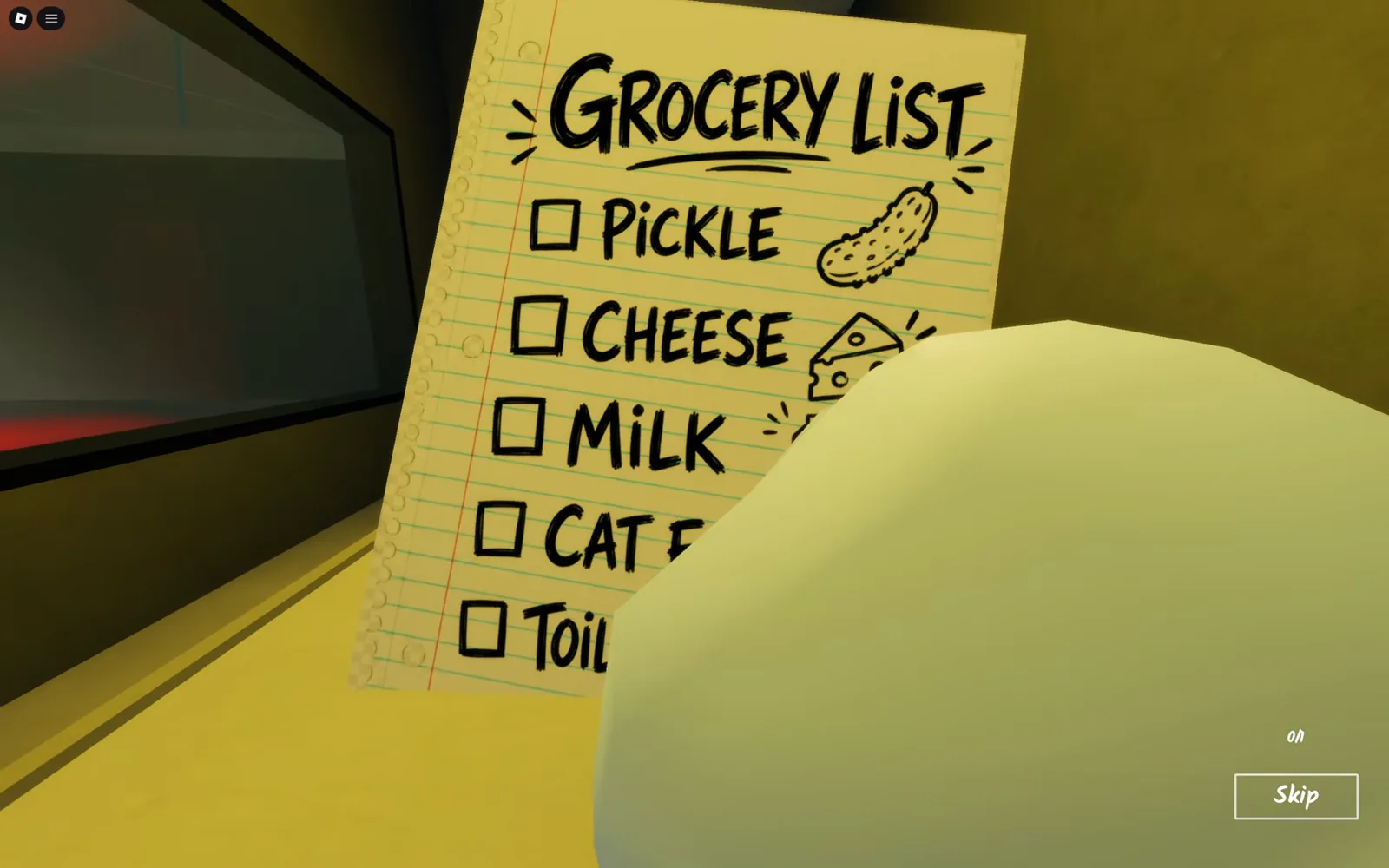 Grocery list reveal in the Shred the Secrets Ending 1 cutscene showing pickle, cheese, milk, cat food and toilet paper