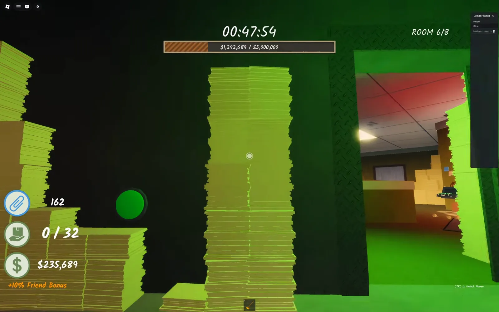 Green glowing hidden button floating between dark paper columns in the Shred the Secrets Ending 1 room