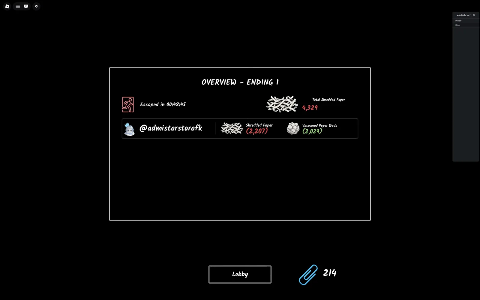 OVERVIEW - ENDING 1 results screen in Shred the Secrets showing an escape time and the total shredded paper count