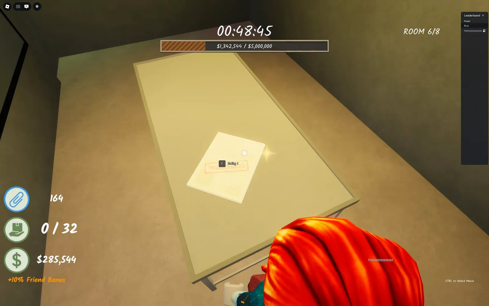 Golden secret document sparkling on a white table with the grab prompt visible in Shred the Secrets