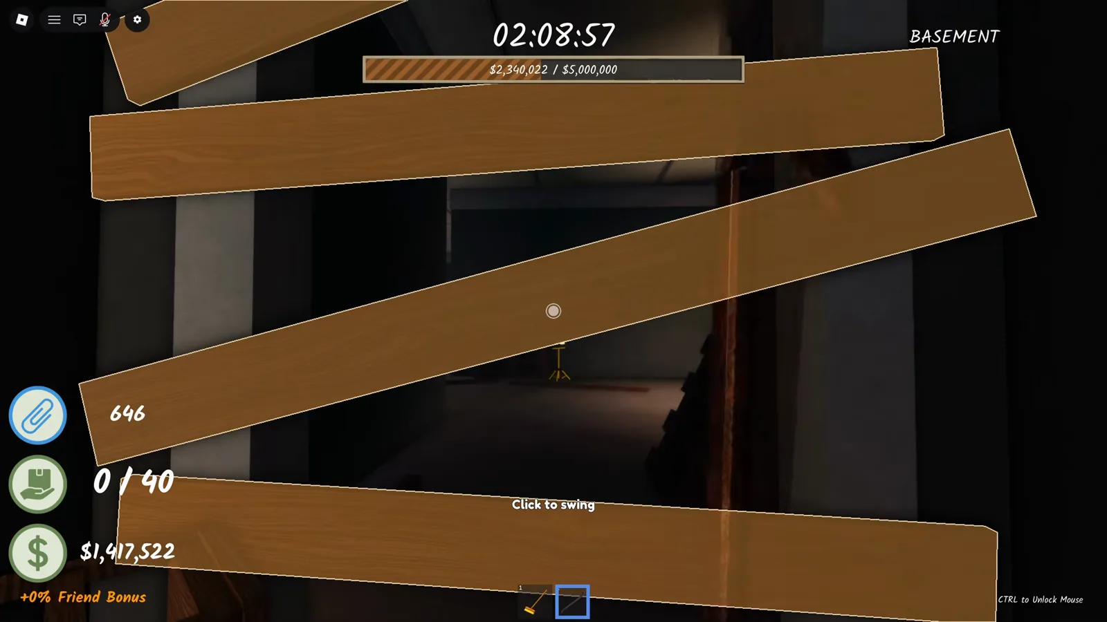 Crowbar prying the wooden planks off the boarded basement doorway in Shred the Secrets with the Click to swing prompt showing under the BASEMENT label