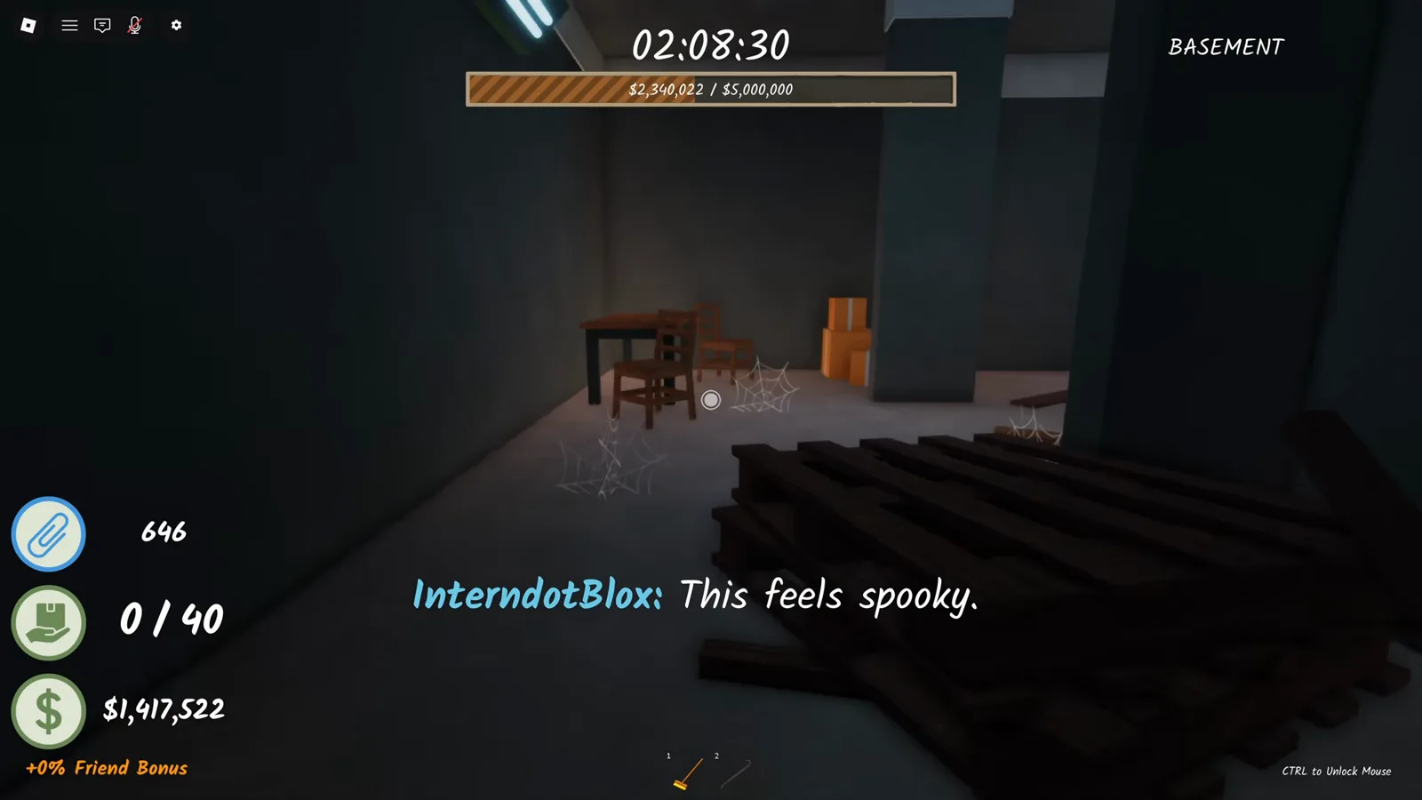 Dark basement room in Shred the Secrets under the BASEMENT corner label, with a chair, stacked planks and player chat reading This feels spooky